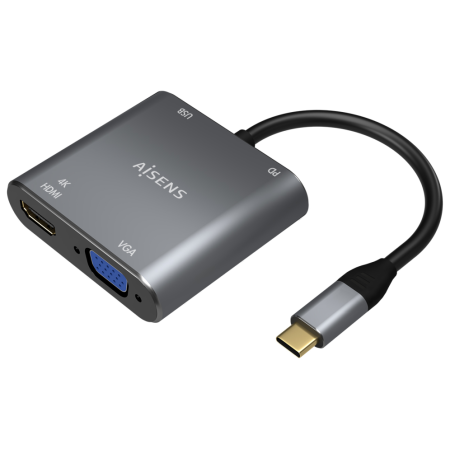 AISENS Conversor USB-C a VGA/HDMI 4K/USB3.0/USB-C PD, USB-C/M-VGA/H-HDMI/H-USB-A/H-USB-C/H, Gris, 15CM