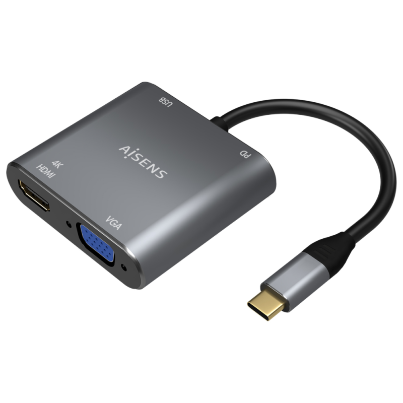 AISENS Conversor USB-C a VGA/HDMI 4K/USB3.0/USB-C PD, USB-C/M-VGA/H-HDMI/H-USB-A/H-USB-C/H, Gris, 15CM