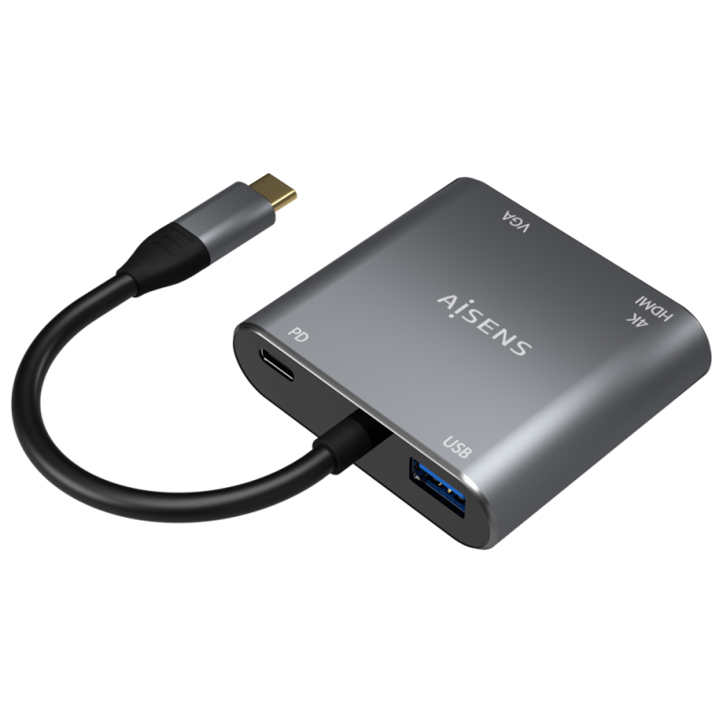 AISENS Conversor USB-C a VGA/HDMI 4K/USB3.0/USB-C PD, USB-C/M-VGA/H-HDMI/H-USB-A/H-USB-C/H, Gris, 15CM