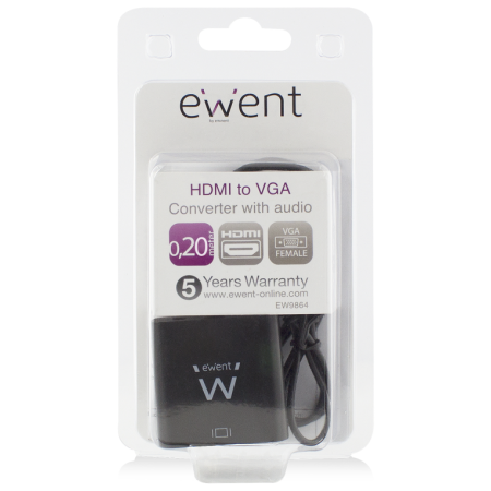 Ewent EW9864 adaptador de cable de vídeo 0,2 m HDMI VGA, 3.5mm Negro