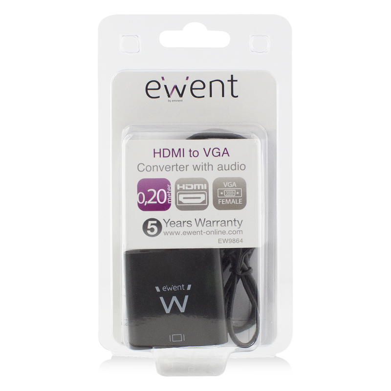 Ewent EW9864 adaptador de cable de vídeo 0,2 m HDMI VGA, 3.5mm Negro