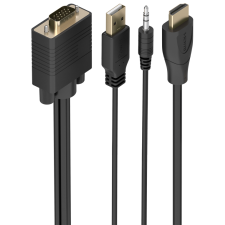 AISENS Cable Conversor HDMI a SVGA+Audio, HDMI A/M-SVGA/M+Jack 3.5/M+USB-A/M, Negro, 2.0m
