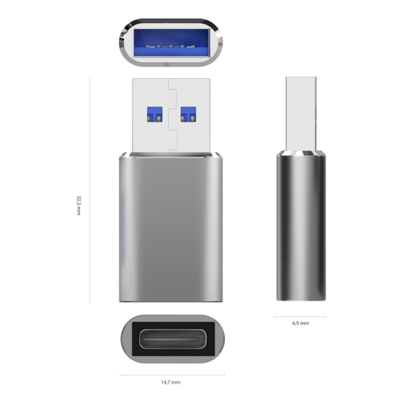 AISENS Mini Adaptador USB 3.2 Gen2 / USB 2.0 3A, Tipo USB-C/H-A/M, Gris