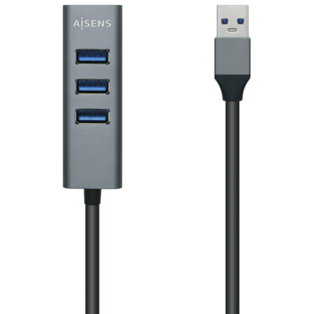 AISENS Hub USB3.0 Aluminio, Tipo A/M - 4x Tipo A/H, Negro, 10 cm