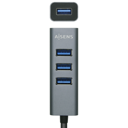 AISENS Hub USB3.0 Aluminio, Tipo A/M - 4x Tipo A/H, Negro, 10 cm