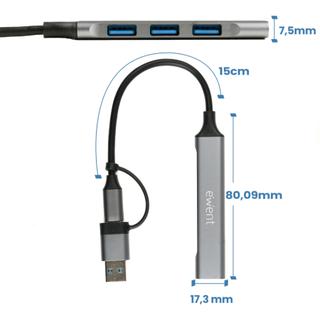 Ewent EW1154 hub de interfaz USB 3.2 Gen 1 (3.1 Gen 1) Type-A + Type-C Gris