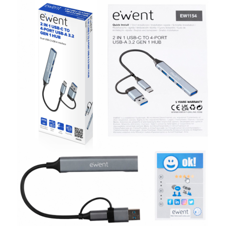 Ewent EW1154 hub de interfaz USB 3.2 Gen 1 (3.1 Gen 1) Type-A + Type-C Gris