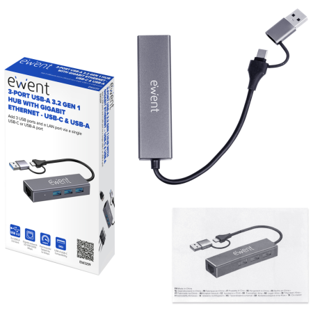 Ewent EW1159 hub de interfaz USB 3.2 Gen 1 (3.1 Gen 1) Type-A + Type-C 5000 Mbit/s Gris