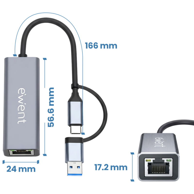 Ewent EW9819 hub de interfaz USB 3.2 Gen 1 (3.1 Gen 1) Type-A + Type-C 1000 Mbit/s Gris