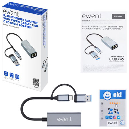 Ewent EW9819 hub de interfaz USB 3.2 Gen 1 (3.1 Gen 1) Type-A + Type-C 1000 Mbit/s Gris