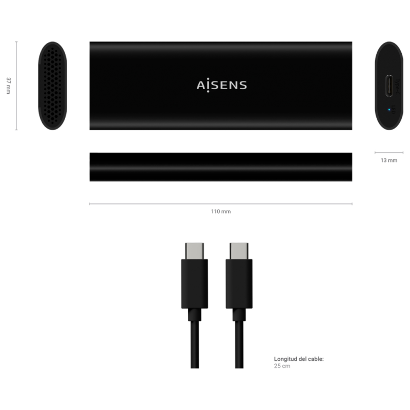 AISENS Caja Externa M.2 (NGFF) ASM2-014B SATA/NVMe A USB3.1 Gen2, Negro