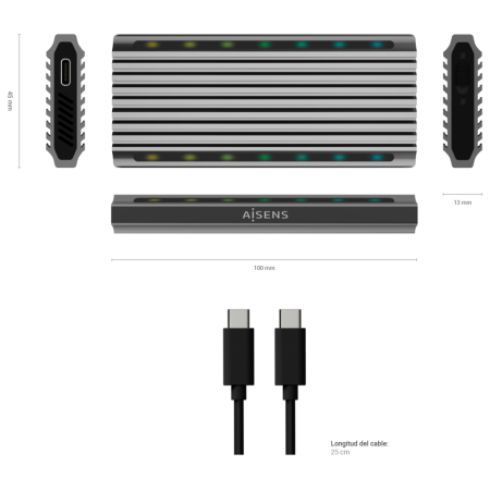 AISENS Caja Externa M.2 RGB Gaming ASM2-RGB011GR SATA/NVMe A USB3.1 Gen2, Gris