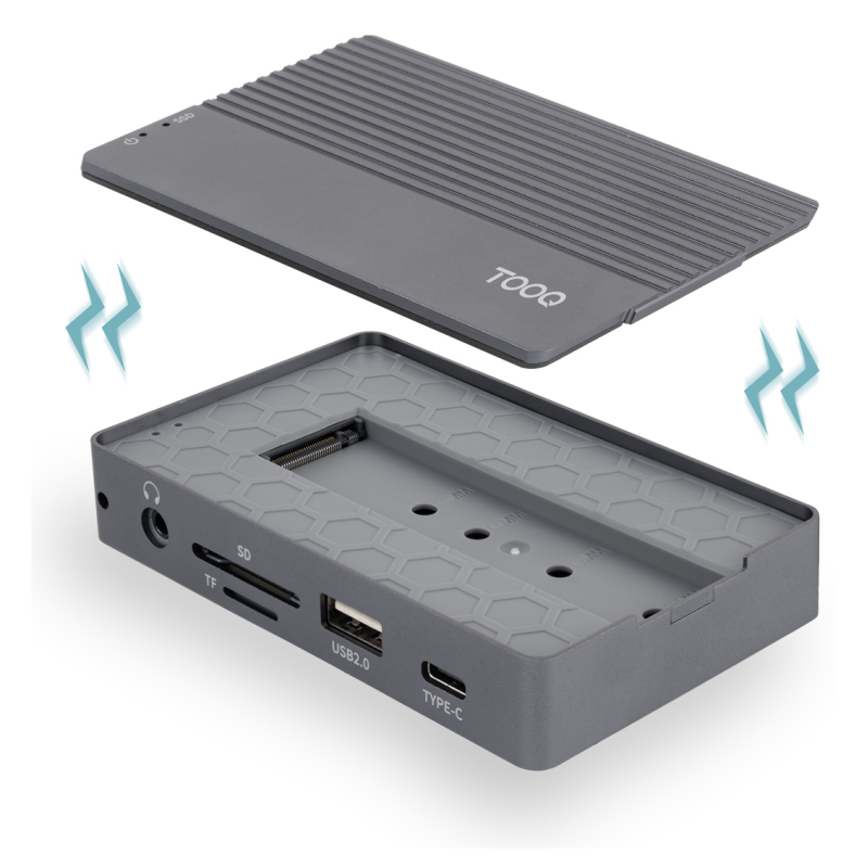 TooQ Caja externa para SSD M.2 NVMe/SATA + HUB USB-C 3.2 Gen2 con 2x USB-A 3.1 + 1x USB-A 2.0 + USB-C 3.2 Gen2 + HDMI 2.0 + RJ45