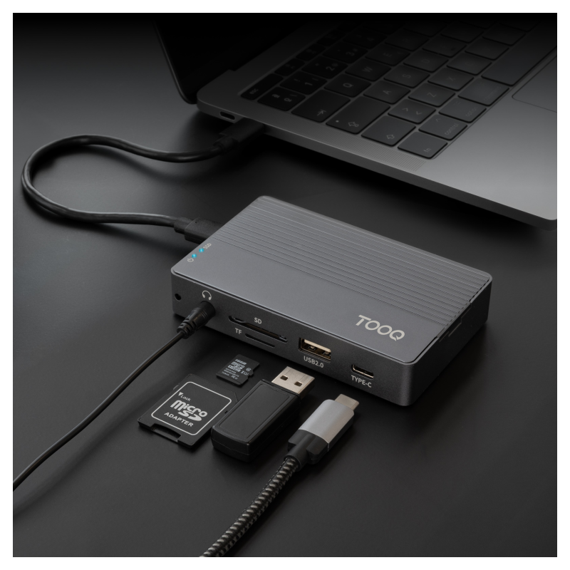 TooQ Caja externa para SSD M.2 NVMe/SATA + HUB USB-C 3.2 Gen2 con 2x USB-A 3.1 + 1x USB-A 2.0 + USB-C 3.2 Gen2 + HDMI 2.0 + RJ45