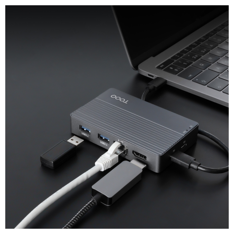 TooQ Caja externa para SSD M.2 NVMe/SATA + HUB USB-C 3.2 Gen2 con 2x USB-A 3.1 + 1x USB-A 2.0 + USB-C 3.2 Gen2 + HDMI 2.0 + RJ45