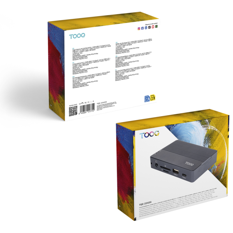 TooQ Caja externa para SSD M.2 NVMe/SATA + HUB USB-C 3.2 Gen2 con 2x USB-A 3.1 + 1x USB-A 2.0 + USB-C 3.2 Gen2 + HDMI 2.0 + RJ45