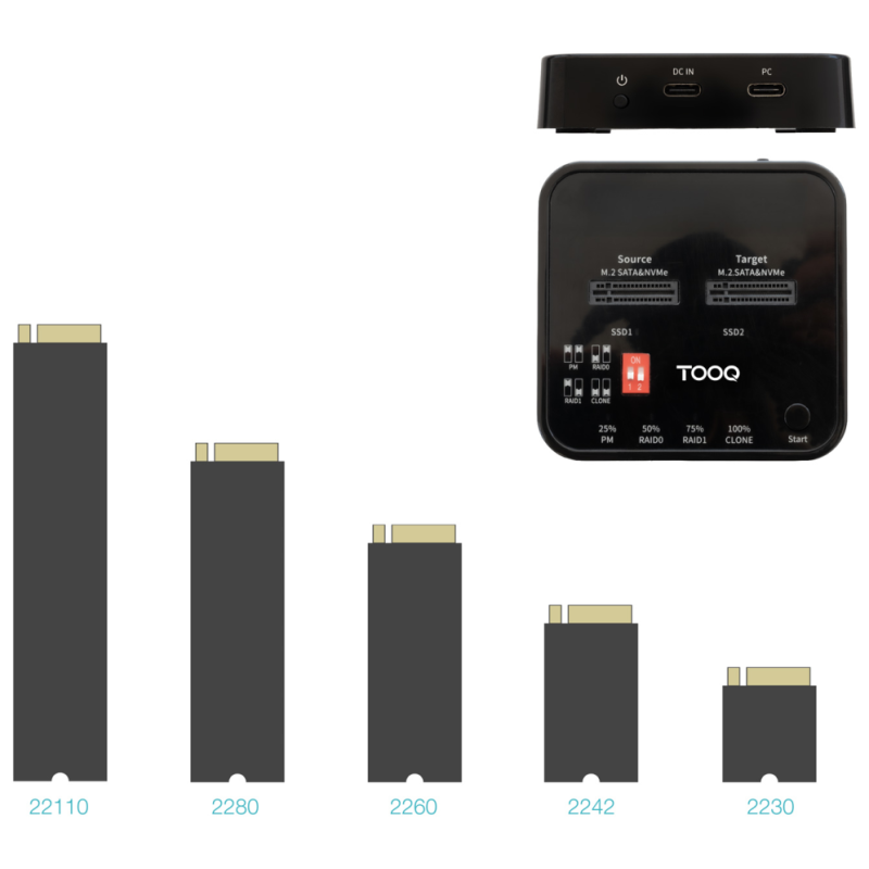 TooQ Docking Station USB-C 3.2 Gen 2 Dual Bay para SSD M.2 NGFF/NVMe Clonador, Negro