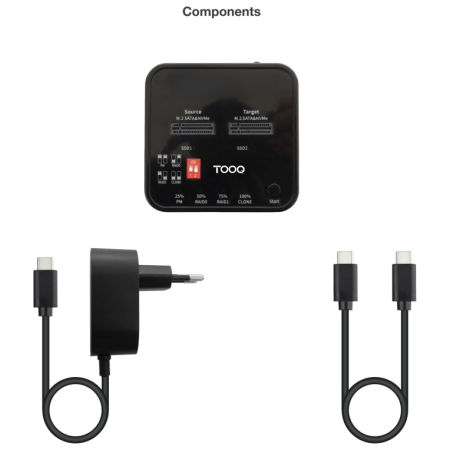 TooQ Docking Station USB-C 3.2 Gen 2 Dual Bay para SSD M.2 NGFF/NVMe Clonador, Negro