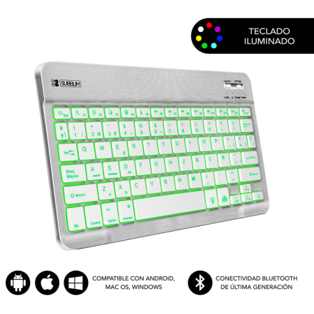 SUBBLIM Teclado Retroiluminado Bluetooth Smart Backlit BT Keyboard Silver