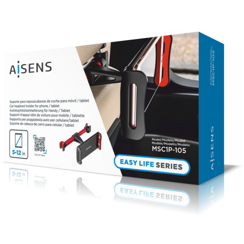 AISENS Soporte Coche Ajustable (1 Pivote) Para Reposacabezas Para Telefono / Tablet, Rojo