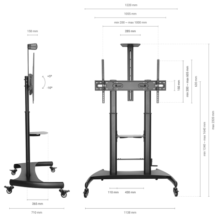 AISENS Soporte de Suelo ECO con Ruedas y Manivela, Bandeja para DVD y Soporte de Cámara para Monitor/TV 100Kg de 60-100, Negro