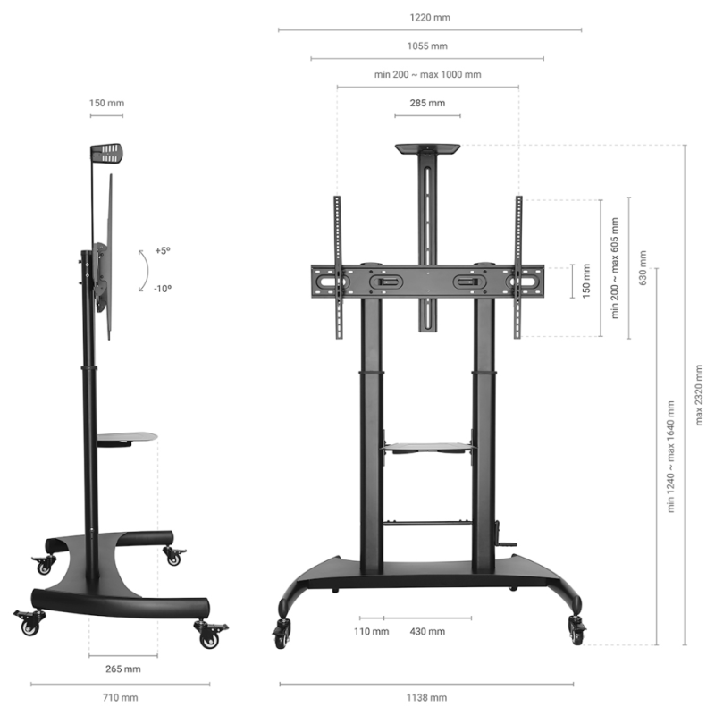AISENS Soporte de Suelo ECO con Ruedas y Manivela, Bandeja para DVD y Soporte de Cámara para Monitor/TV 100Kg de 60-100, Negro