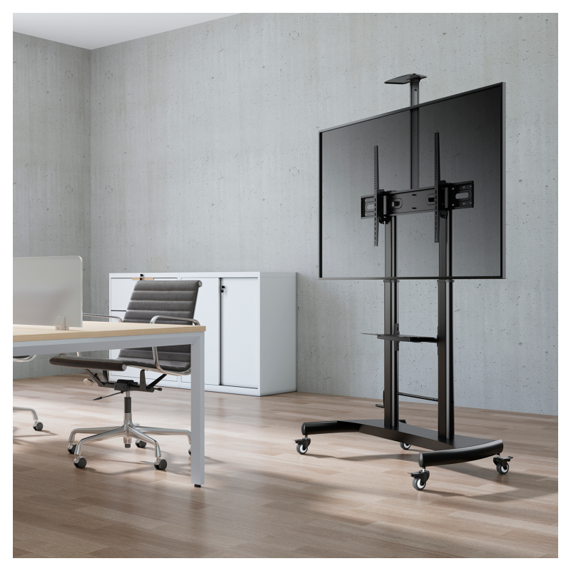 AISENS Soporte de Suelo ECO con Ruedas y Manivela, Bandeja para DVD y Soporte de Cámara para Monitor/TV 100Kg de 60-100, Negro