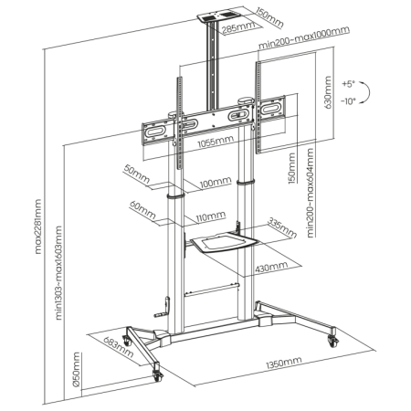 AISENS Soporte de Suelo ECO con Ruedas y Manivela, Bandeja para DVD y Soporte de Cámara para Monitor/TV 100Kg de 60-100, Negro