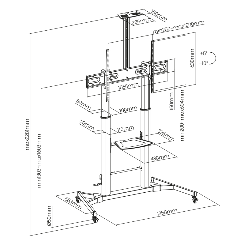 AISENS Soporte de Suelo ECO con Ruedas y Manivela, Bandeja para DVD y Soporte de Cámara para Monitor/TV 100Kg de 60-100, Negro