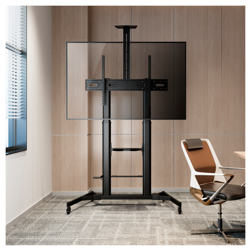 AISENS Soporte de Suelo ECO con Ruedas y Manivela, Bandeja para DVD y Soporte de Cámara para Monitor/TV 100Kg de 60-100, Negro