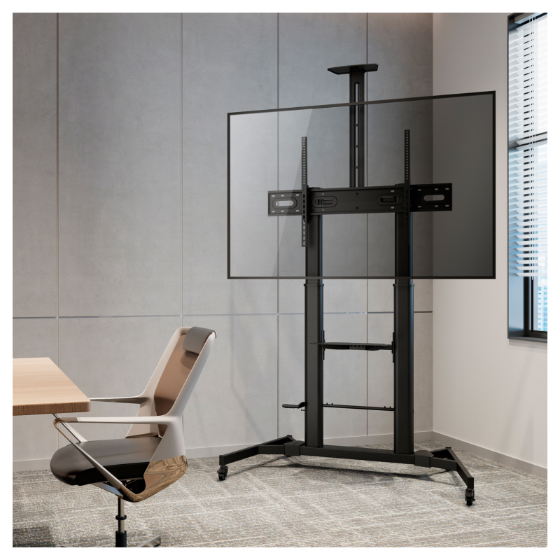 AISENS Soporte de Suelo ECO con Ruedas y Manivela, Bandeja para DVD y Soporte de Cámara para Monitor/TV 100Kg de 60-100, Negro