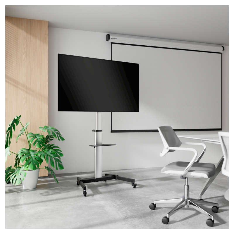 AISENS Floor Stand with Wheel, DVD Tray for Monitor/TV 50Kg from 37-86, Black-Silver