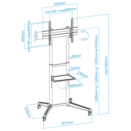 TooQ RAMSÉS Soporte de Suelo con Ruedas para Pantallas 37″- 70″, Negro
