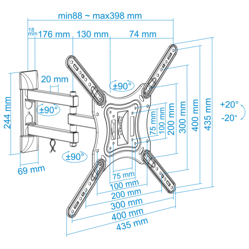 TooQ Soporte Giratorio e Inclinable para Monitor / TV LCD, Plasma de 23”- 55”, con Tres Pivotes, Negro