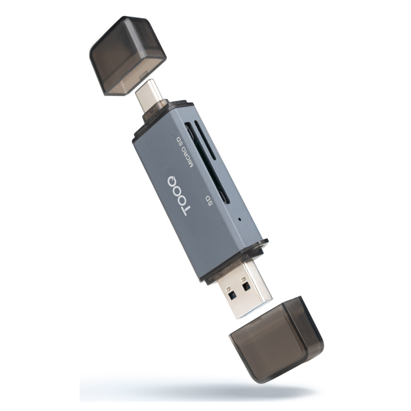 TooQ Lector de Tarjetas SD + TF, con entradas USB-C 3.0 + USB A, Color Gris