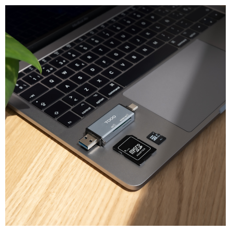 TooQ Lector de Tarjetas SD + TF, con entradas USB-C 3.0 + USB A, Color Gris