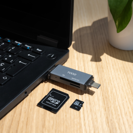 TooQ Lector de Tarjetas SD + TF, con entradas USB-C 3.0 + USB A, Color Gris