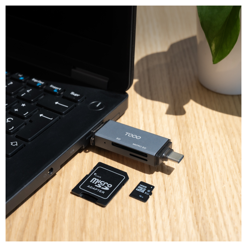 TooQ Lector de Tarjetas SD + TF, con entradas USB-C 3.0 + USB A, Color Gris