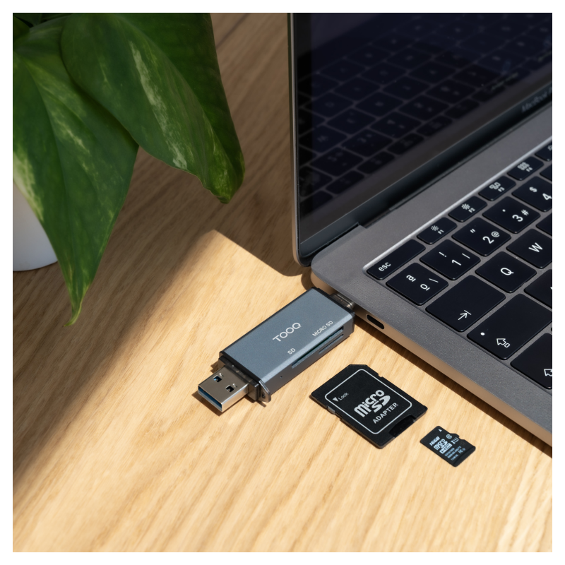 TooQ Lector de Tarjetas SD + TF, con entradas USB-C 3.0 + USB A, Color Gris