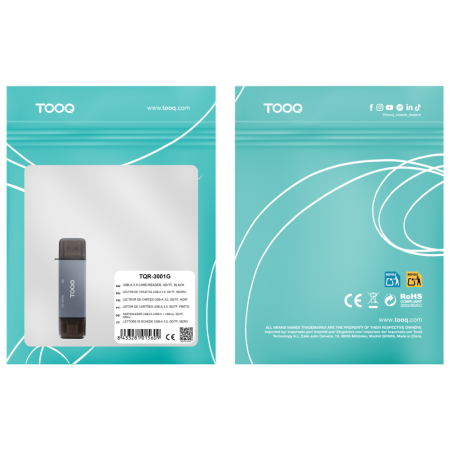 TooQ Lector de Tarjetas SD + TF, con entradas USB-C 3.0 + USB A, Color Gris
