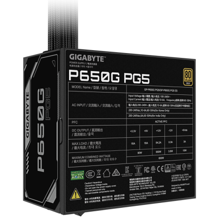 GIGABYTE P650G PCIE 5.1 Fuente de alimentación – PCIe 5.1, 80 PLUS Gold, ventilador de 120mm, compatible con ATX 3.1, enchufe EU