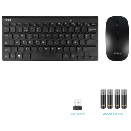 TooQ Teclado compacto + Ratón slim inalámbrico, Negro