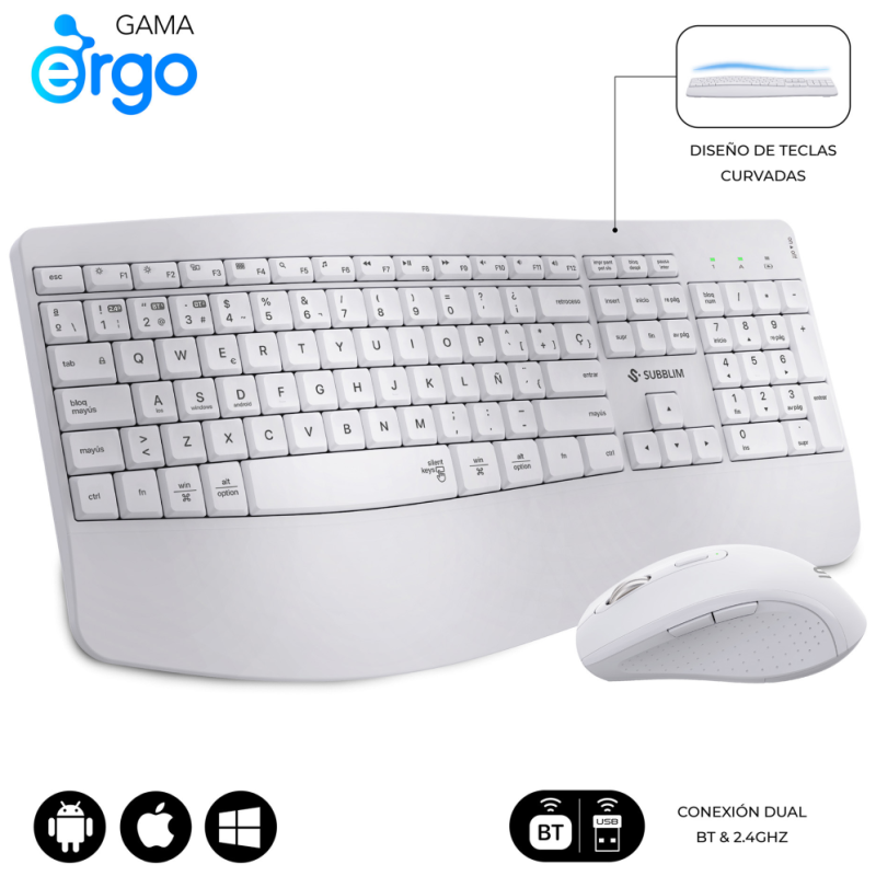 SUBBLIM SUBKBC-DCOPW1 teclado Ratón incluido Hogar / Oficina RF Wireless + Bluetooth QWERTY Español Blanco