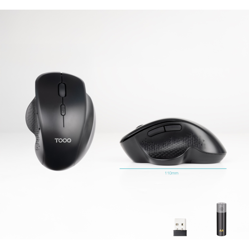 TooQ Ratón Inalámbrico Ergonómico 1600 DPI, 6 botones, Negro