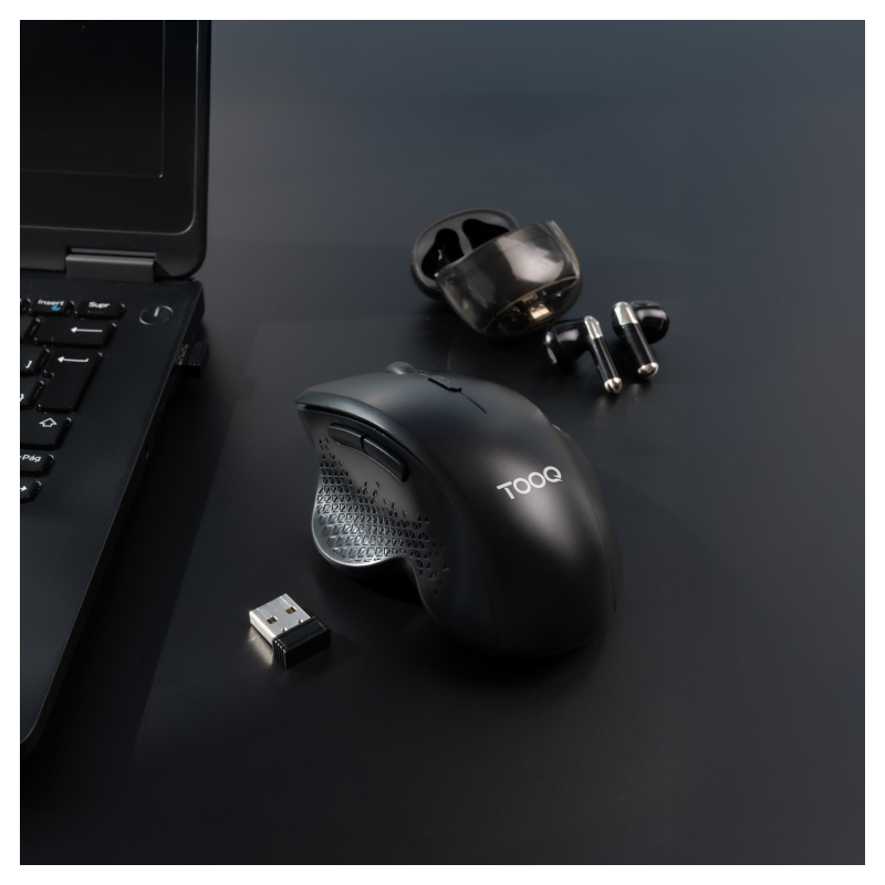 TooQ Ratón Inalámbrico Ergonómico 1600 DPI, 6 botones, Negro