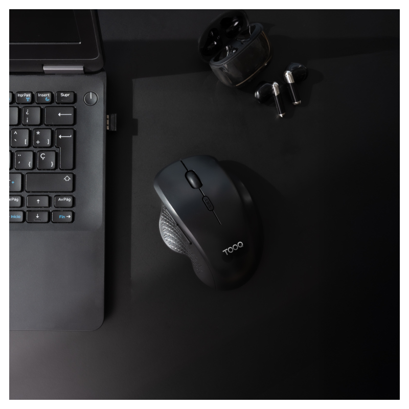 TooQ Ratón Inalámbrico Ergonómico 1600 DPI, 6 botones, Negro