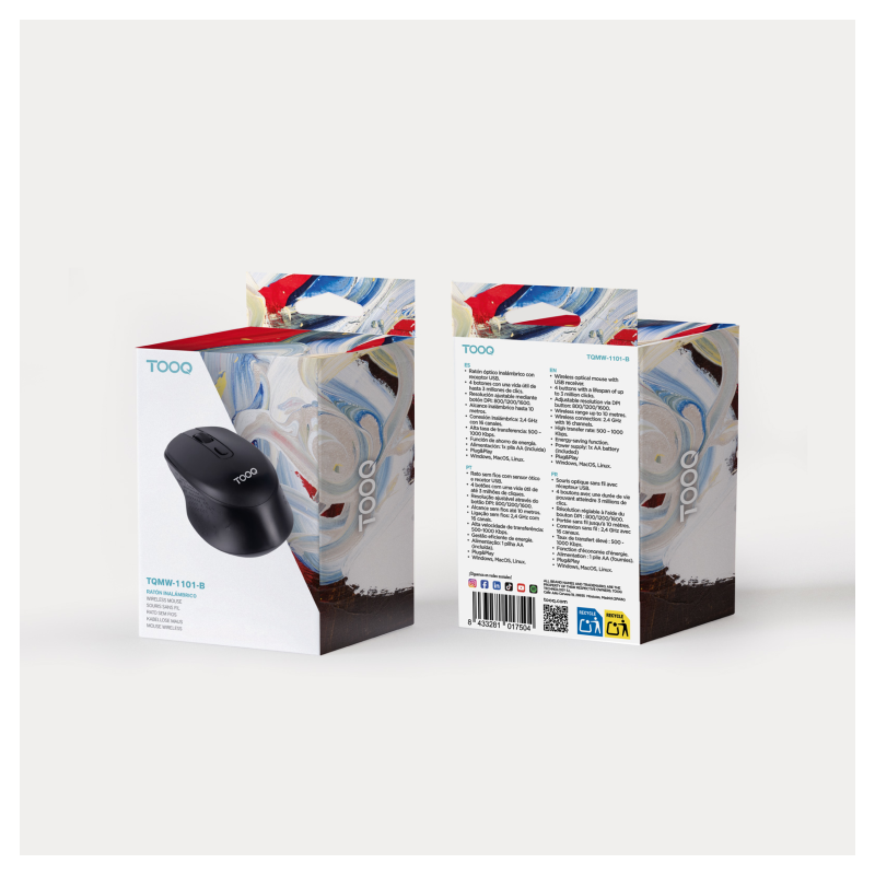 TooQ Ratón inalámbrico, 1600 DPI, 4 Botones, Negro