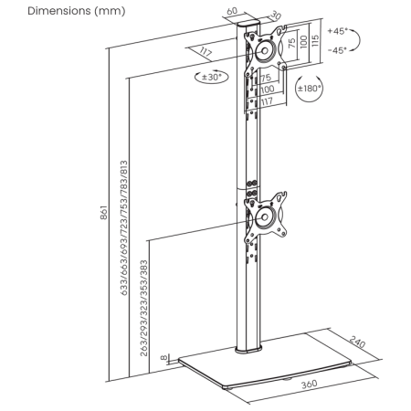 AISENS Soporte de Mesa Con Peana Eco Giratorio e Inclinable para 2 Monitor/TV 12kg de 17-34, Negro