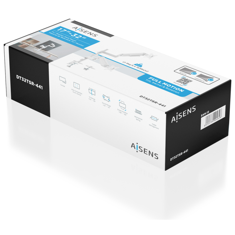 AISENS Soporte de Mesa Eco Contrapeso Giratorio e Inclinable para Monitor/TV 9kg (3 PIVOTES, 2 BRAZOS) de 17-32, Blanco