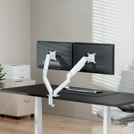AISENS Soporte de Mesa Eco Contrapeso Giratorio e Inclinable para Monitor/TV 9kg (3 PIVOTES, 2 BRAZOS) de 17-32, Blanco